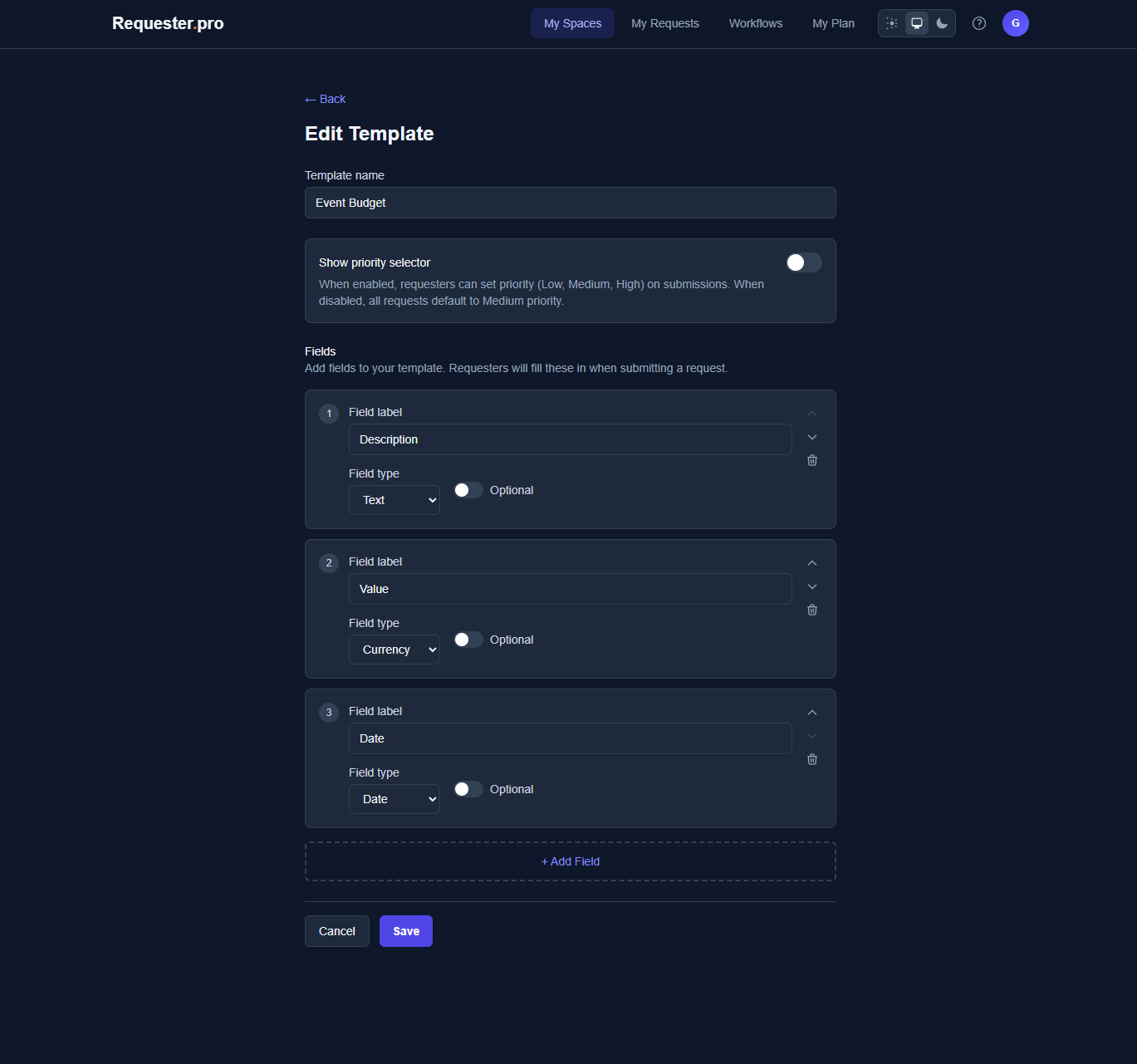 Template de solicitação personalizado com campos